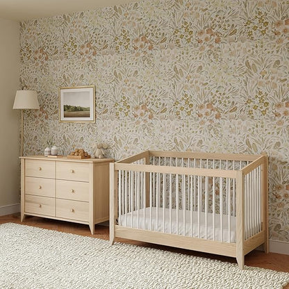 Babyletto Sprout 4-in-1 Convertible Crib with Toddler Bed Conversion Kit in Washed Natural and White, Greenguard Gold Certified