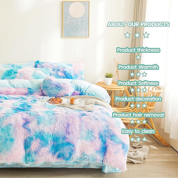 Tie dye Blue Plush Fluffy Comforter Cover Set Queen - Ultra Soft Faux Fur tie dye Bedding Sets 3 Pieces (1 Shaggy Duvet Cover + 2 Pillow case) Fluffy Bed Set (Tie Dye Blue, Queen)