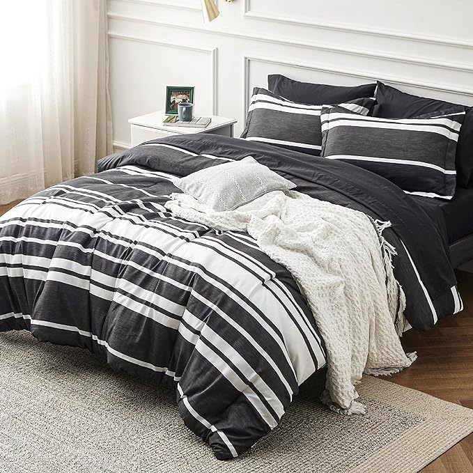 Bedsure Bed in a Bag King Size 7 Pieces, Black White Striped Bedding Comforter Sets All Season Bed Set, 2 Pillow Shams, Flat Sheet, Fitted Sheet and 2 Pillowcases