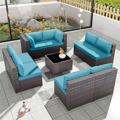 Patio Furniture Set 9-Pieces Outdoor Furniture for Backyard Wicker Sectional Sofa Set, Rattan Patio Conversation Set with Thickened Cushions and Glass Coffee Table, Turquoise