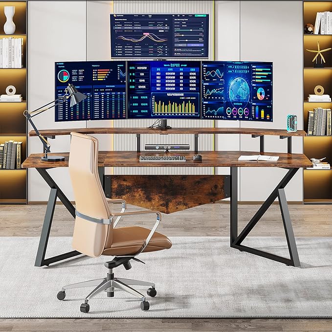 70.9" Large Computer Desk Home Office Desk Wing-Shaped Gaming Studio Desk, Rustic Brown