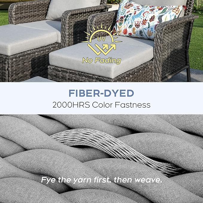 Yechen Patio Conversation Set 7 Seats with 44" Propane Gas Fire Pit Table - 6 Pcs Outdoor Wicker Furniture Set with Lid & Wind Shields - Sectional Sofa Set for Porch,Backyard