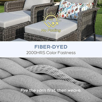Yechen Patio Conversation Set 7 Seats with 44" Propane Gas Fire Pit Table - 6 Pcs Outdoor Wicker Furniture Set with Lid & Wind Shields - Sectional Sofa Set for Porch,Backyard