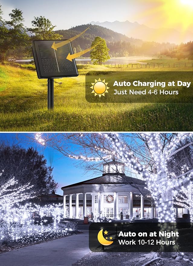 Solar String Lights Outdoor, 2 Pack Total 144FT 400 LED Solar Powered String Lights with 8 Lighting Modes, Waterproof Solar Patio Lights, Solar String Lights for Outside Tree Balcony, Pure White