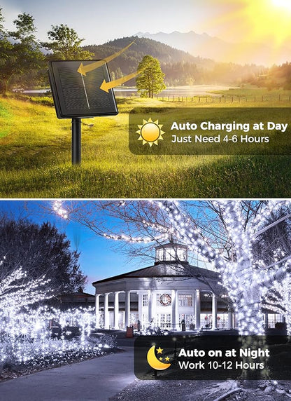 Solar String Lights Outdoor, 2 Pack Total 144FT 400 LED Solar Powered String Lights with 8 Lighting Modes, Waterproof Solar Patio Lights, Solar String Lights for Outside Tree Balcony, Pure White