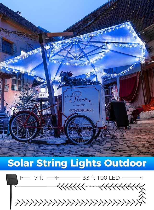 Minetom Solar Christmas Lights Outdoor Waterproof, 40FT 100 LED Solar Lights with 8 Modes, Solar Christmas Outdoor Decoration, Solar String Lights for Outside House Tree Party Yard, Blue& Pure White