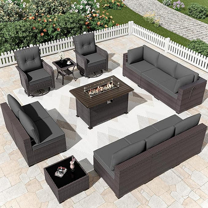 Patio Furniture Sectional Sofa Set 13-Pieces PE Rattan Swivel Rocking Chairs Patio Conversation Set w/43in Gas Fire Pit Table, Outdoor Furniture with 55000 BTU Propane Fire Pit, Grey
