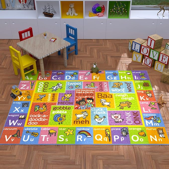 KC Cubs Classroom Rug, Kids Rug and Baby Play Mat ABC Alphabet with Old MacDonald Animals Educational Learning Non Slip Baby Girl & Boy Carpet Children Bedroom Toddler Playroom Floor Mat Nursery Rug