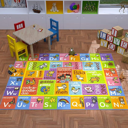 KC Cubs Classroom Rug, Kids Rug and Baby Play Mat ABC Alphabet with Old MacDonald Animals Educational Learning Non Slip Baby Girl & Boy Carpet Children Bedroom Toddler Playroom Floor Mat Nursery Rug