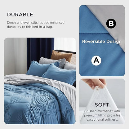 Bedsure Blue California King Comforter Set - 7 Pieces Reversible Bed Set Bed in a Bag California King with Comforters, Sheets, Pillowcases & Shams, California King Bedding Sets