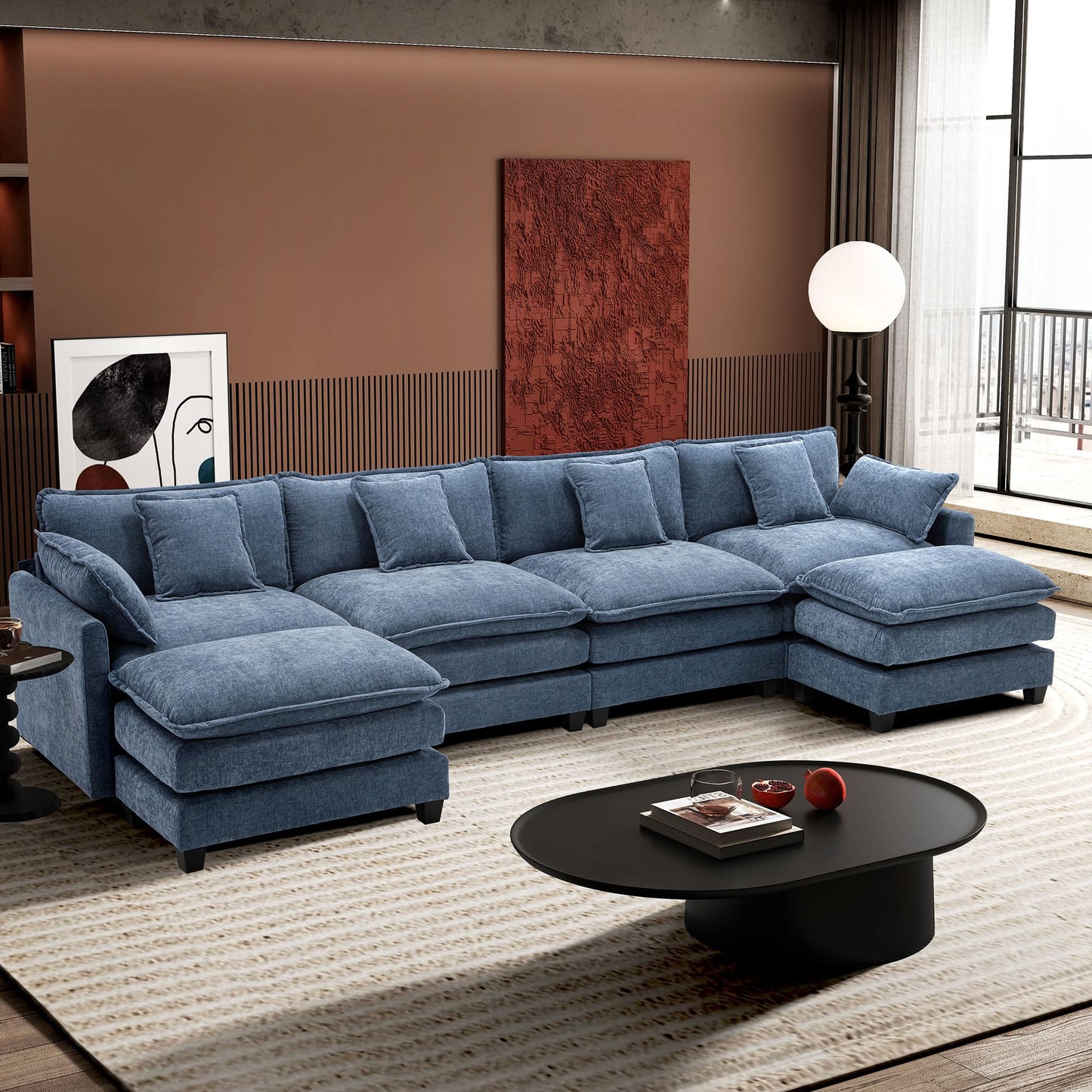 Ihanherry 111.4" L Shaped Modern Sofa Modular Sectional Cloud Couch with Ottoman, 4-Seat Chenille Deep Seat Sofa with Pillow for Living Room, Bedroom and Apartment, Beige