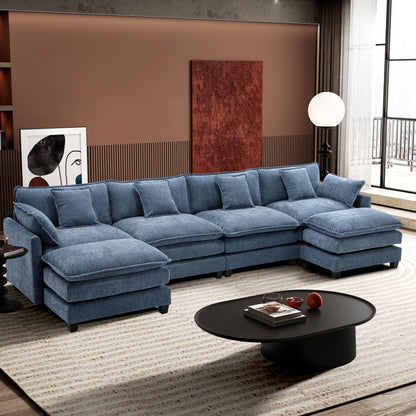 Ihanherry 111.4" L Shaped Modern Sofa Modular Sectional Cloud Couch with Ottoman, 4-Seat Chenille Deep Seat Sofa with Pillow for Living Room, Bedroom and Apartment, Beige