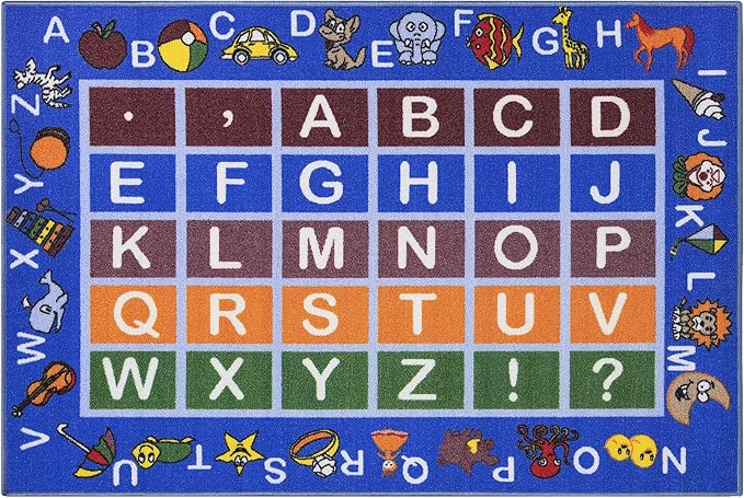 Machine Washable Educational Alphabet Design Non-Slip Rubberback 3x5 Kid's Area Rug for Playroom, Kid's Room, Bedroom, Kindergarten, 3'3" x 5', Blue