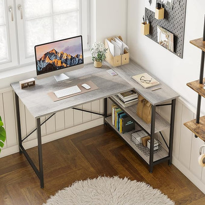Bestier Small L Shaped Desk with Shelves 47 Inch Reversible Corner Computer Desk Writing Gaming Storage Table for Home Office Small Space, Gray Oak