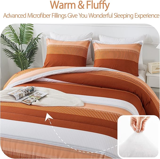 Andency Stripe Comforter Set Full Size (79x90 Inch), 3 Pieces Terracotta Patchwork Striped Comforter, Soft Microfiber Down Alternative Comforter Bedding Set with Corner Loops