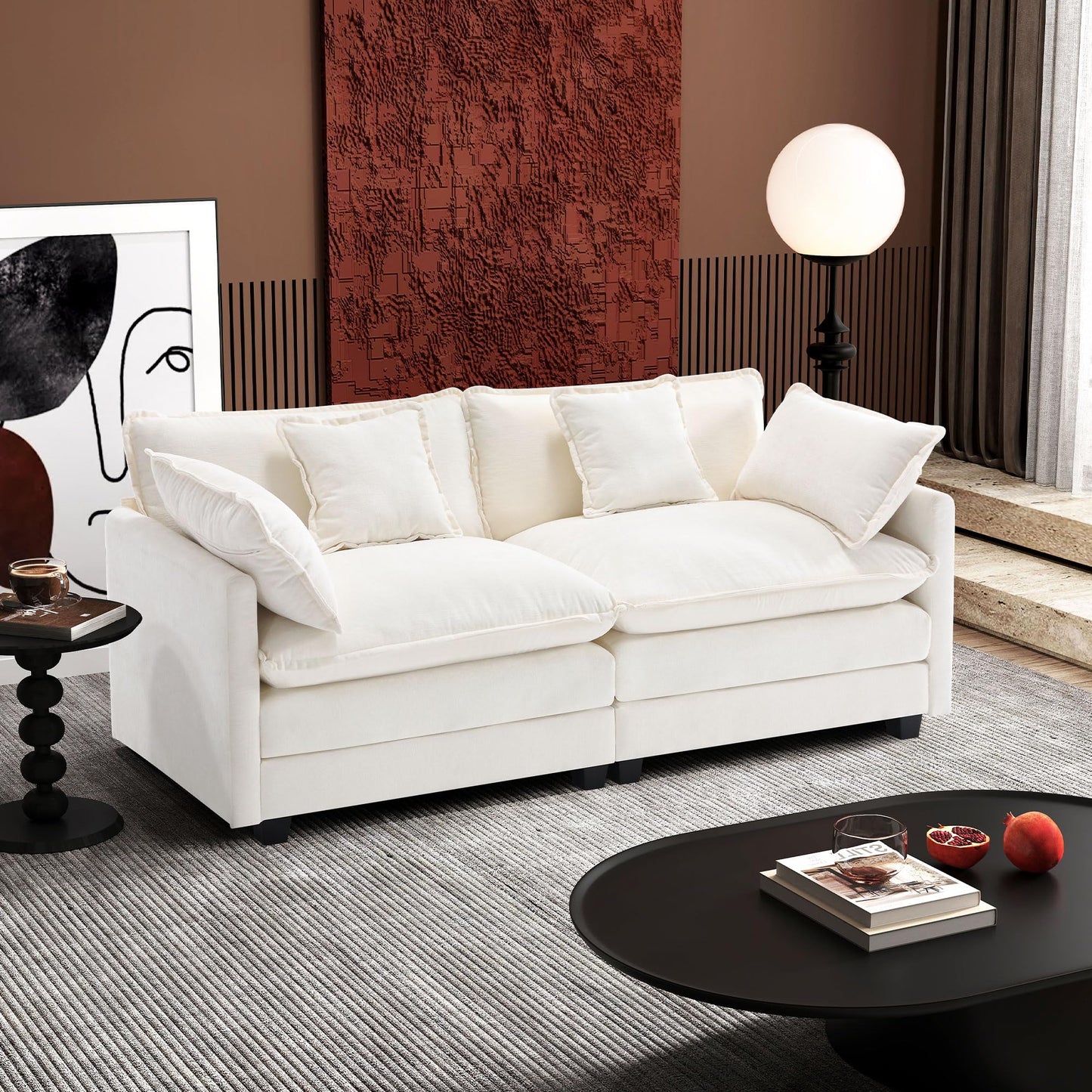 Ihanherry 111.4" L Shaped Modern Sofa Modular Sectional Cloud Couch with Ottoman, 4-Seat Chenille Deep Seat Sofa with Pillow for Living Room, Bedroom and Apartment, Beige