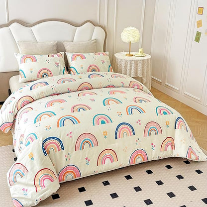 Btargot Lightweight Soft 3 Piece Rainbow Comforter Set with 2 Pillow Covers, Cartoon Love Hearts Flowers and Grass Bedding Set for Girls Boys Kids, Twin Multi-Color
