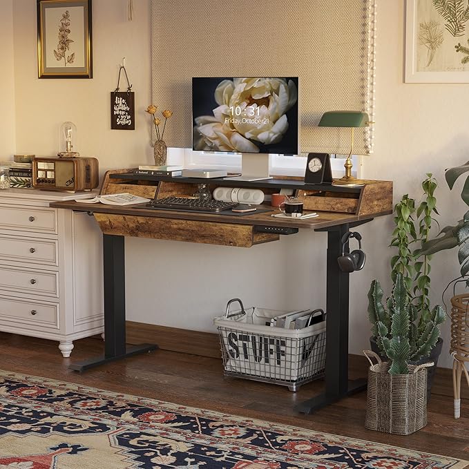 FEZIBO Standing Desk Adjustable Height with Drawers, 48 x 25 Inch Stand Up Desk with Storage Shelf, Electric Standing Desk with Storage Space, Rustic Brown Top/Black Frame