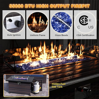 Patio Furniture Sectional Sofa Set 13-Pieces PE Rattan Patio Conversation Set w/43in Gas Fire Pit Table, Outdoor Furniture with 55000 BTU Propane Fire Pit, Blue