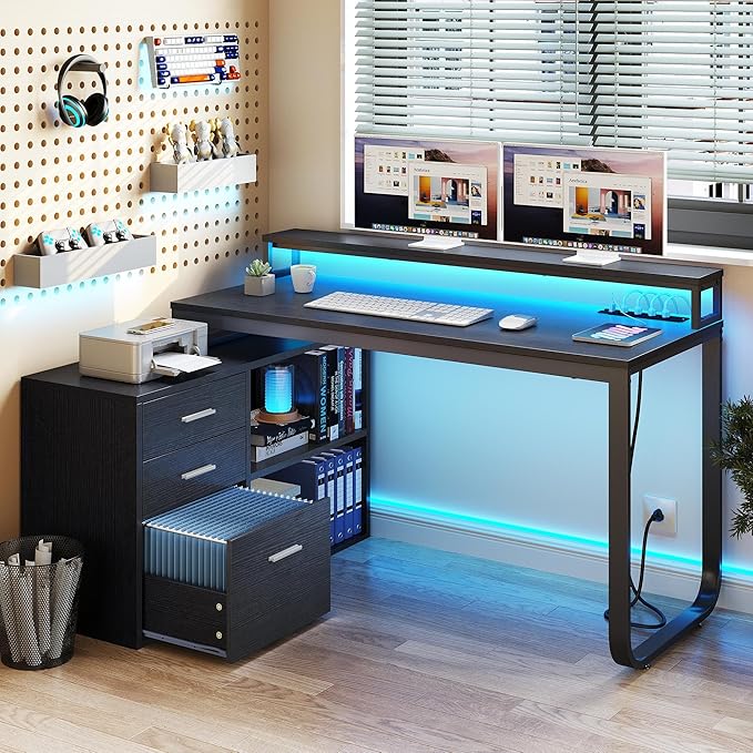 YITAHOME L Shaped Desk with Power Outlets & LED Lights & File Cabinet, 55" Corner Computer Desk with 3 Drawers and 2 Storage Shelves, Home Office Desk with Monitor Stand, Black