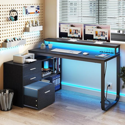YITAHOME L Shaped Desk with Power Outlets & LED Lights & File Cabinet, 55" Corner Computer Desk with 3 Drawers and 2 Storage Shelves, Home Office Desk with Monitor Stand, Black