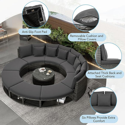 9-Pieces Outdoor Patio Furniture Set, Rattan Wicker Circular Sectional Sofa with Storage, Tempered Glass Table and 6 Pillows, Garden Lawn Half Moon Conversation Couch, Grey