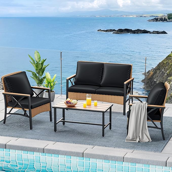 YITAHOME 4-Piece Patio Wicker Furniture Set with Wood Armrest, All Weather Rattan Conversation Furniture Sets for Backyard, Balcony, Deck w/Soft Cushions and Plastic Wood Table (Light Brown+Black)
