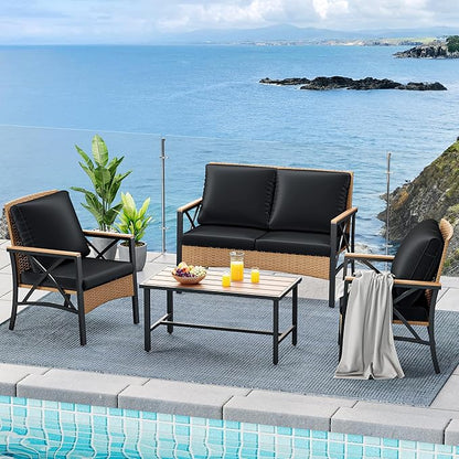 YITAHOME 4-Piece Patio Wicker Furniture Set with Wood Armrest, All Weather Rattan Conversation Furniture Sets for Backyard, Balcony, Deck w/Soft Cushions and Plastic Wood Table (Light Brown+Black)