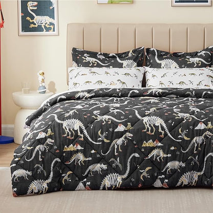 Dinosaur Twin Comforter for Boys,5 Pieces Kids Bedroom Bedding Set with Sheets and Pillowcase,Super Soft Lightweight for All Seasons,Grey,Machine Washable
