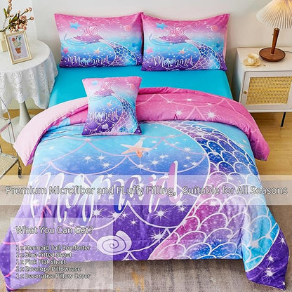 RYNGHIPY Mermaid Comforter Set 6Pcs, Kids Gilrs Bed in a Bag Full Size, Mermaid Tail Print Teens Girls Bedding Set, Rainbow Bedding Collections