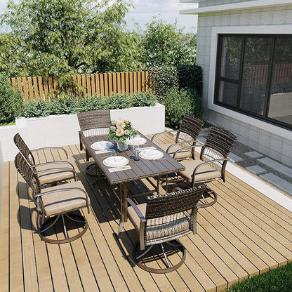 Pamapic 7 Piece Outdoor Dining Set, Rattan Outdoor Patio Furniture Set for Deck Backyard Garden with Iron Outdoor Dining Table, 6 Swivel Outdoor Dining Chairs and Removable Cushions (Beige)