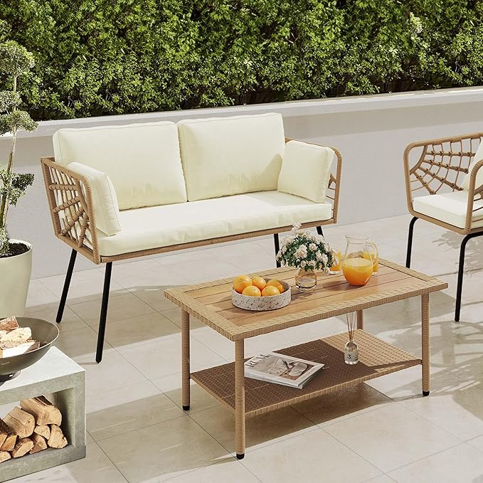 YITAHOME 2 Pieces Patio Furniture Set, All-Weather Wicker Loveseat with Thick Cushions & Rattan Table, Outdoor Conversation Set for Patio, Balcony, Backyard, Deck, Poolside