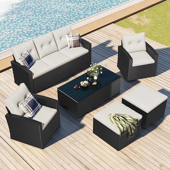 Merax 6 PCS Outdoor Patio Conversation Sets All-Weather PE Sectional Furniture with Coffee Table, Ottomans, Beige