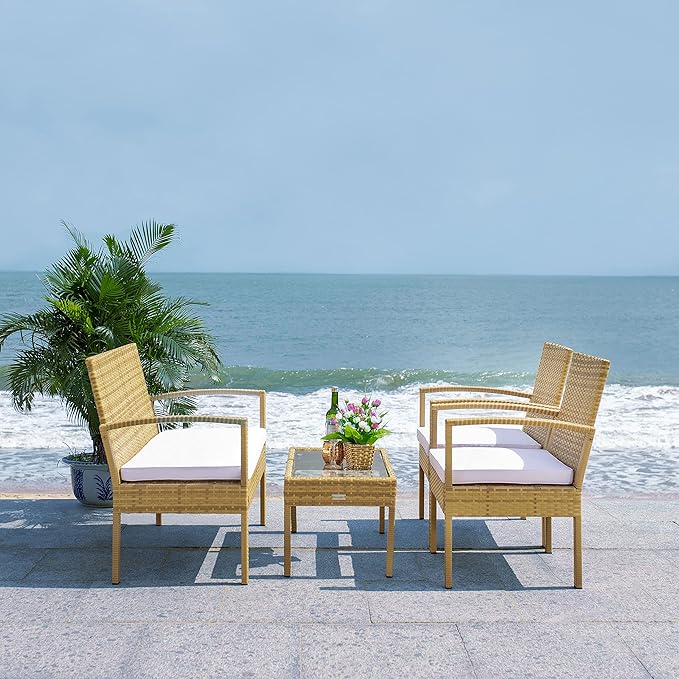 SAFAVIEH Outdoor Collection Bassey Natural/White Cushion 4-Piece Conversation Patio Set PAT7507D