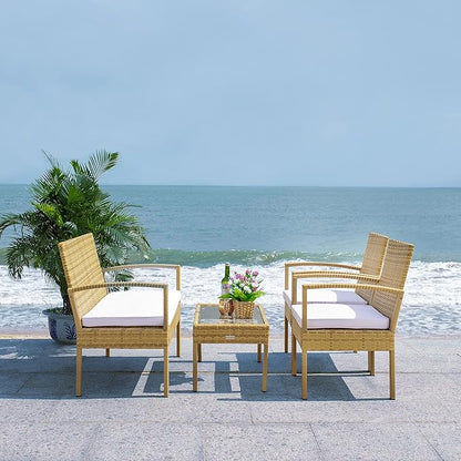 SAFAVIEH Outdoor Collection Bassey Natural/White Cushion 4-Piece Conversation Patio Set PAT7507D
