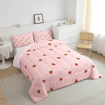 Girls Strawberry Comforter Set Twin Kawaii Strawberry Comforter For Kids Japanese Style Pink Cute Cartoon Fruit Food Theme Bedding Set Girly White Floral Down Comforter Reversible Soft Lightweight