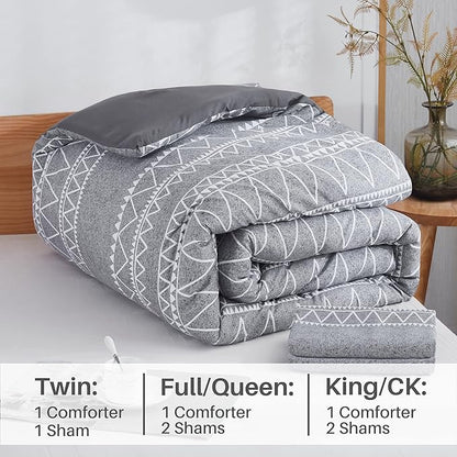 Boho Grey Stirped Comforter Set Queen for Kids Adult, 3 PCS Reversible Bedding Set Gray Comforter with 2 Pillow Shams, Lightweight Breathable for All Seasons(Queen,90x90inches)