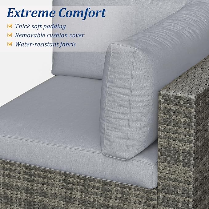 SUNVIVI OUTDOOR 7 Piece Patio Furniture Sets All Weather Gery PE Wicker Couch Sofa with Glass Table, Removable Grey Cushions