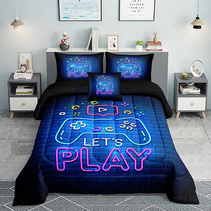 6 PCS Gamer Queen Comforter Sets,Queen Bedding Sets for Boys,Gaming Comforter Set,Queen Size Bedding Sets for Boys,Bed in A Bag with Sheets(Queen,Blue Color)