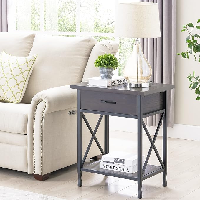 Leick Home 23022 Chisel & Forge One Drawer Nightstand with Shelf, Gray/Matte Black