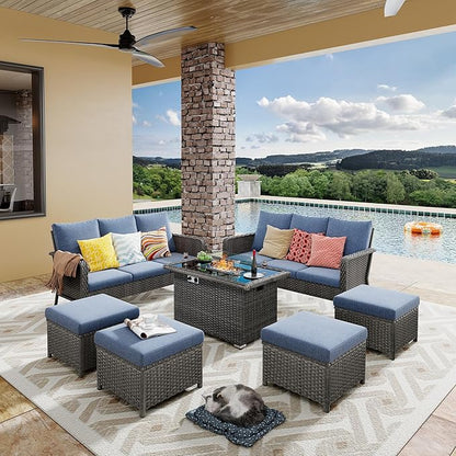 Yechen Patio Conversation Set 10 Seats with 44" Propane Gas Fire Pit Table - 7 Pcs Outdoor Wicker Furniture Set with Lid & Wind Shields - Sectional Sofa Set for Porch,Backyard