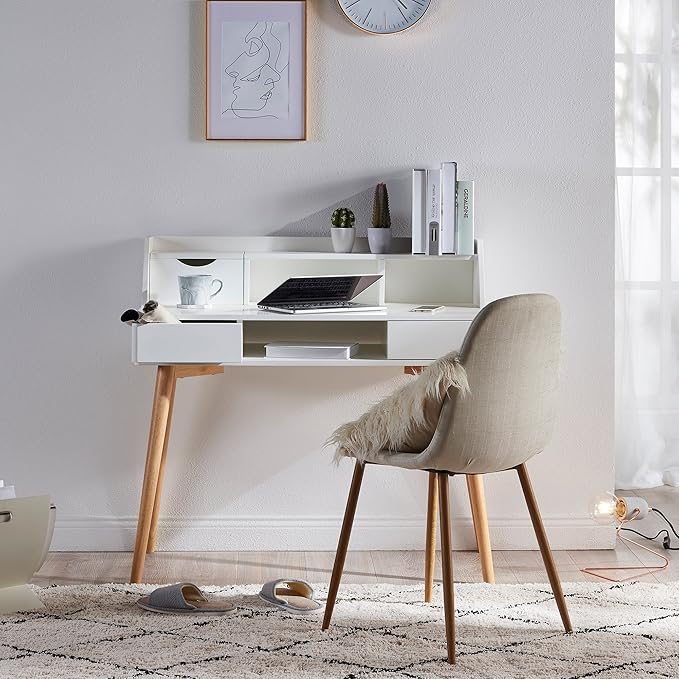 Teamson Home Creativo Writing Study Computer Desk with Solid Wood Legs, Storage Drawers and Open Shelves Hutch for Home Office Living Room Reading Bedroom, 37 inch Height, White