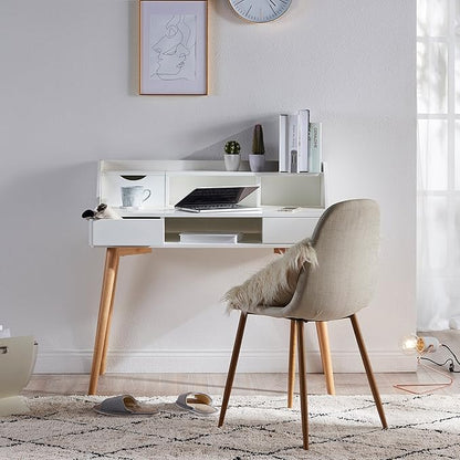Teamson Home Creativo Writing Study Computer Desk with Solid Wood Legs, Storage Drawers and Open Shelves Hutch for Home Office Living Room Reading Bedroom, 37 inch Height, White
