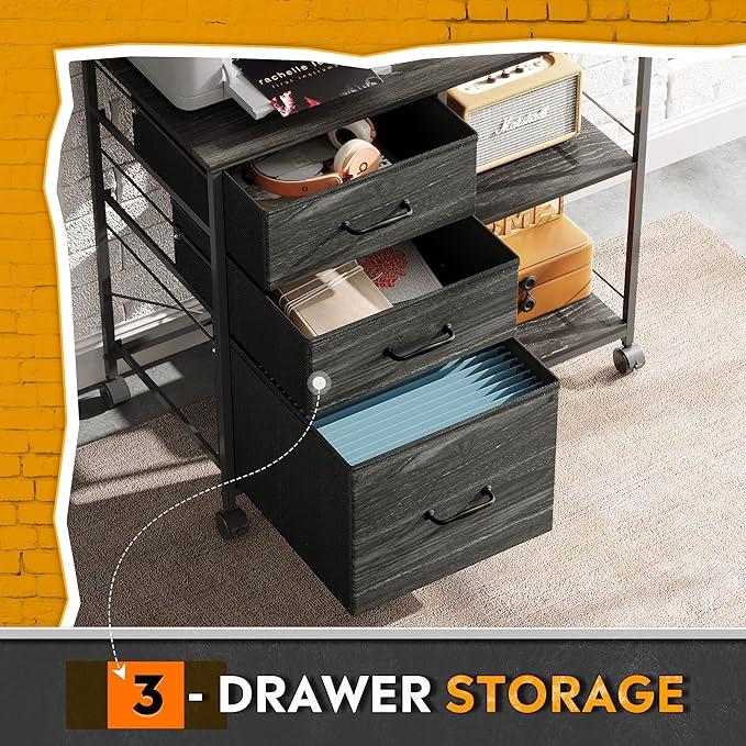 DEVAISE 3 Drawer Mobile File Cabinet, Rolling Printer Stand with Open Storage Shelf, Fabric Lateral Filing Cabinet fits A4 or Letter Size for Home Office, Charcoal Black Wood Grain Print