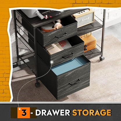 DEVAISE 3 Drawer Mobile File Cabinet, Rolling Printer Stand with Open Storage Shelf, Fabric Lateral Filing Cabinet fits A4 or Letter Size for Home Office, Charcoal Black Wood Grain Print