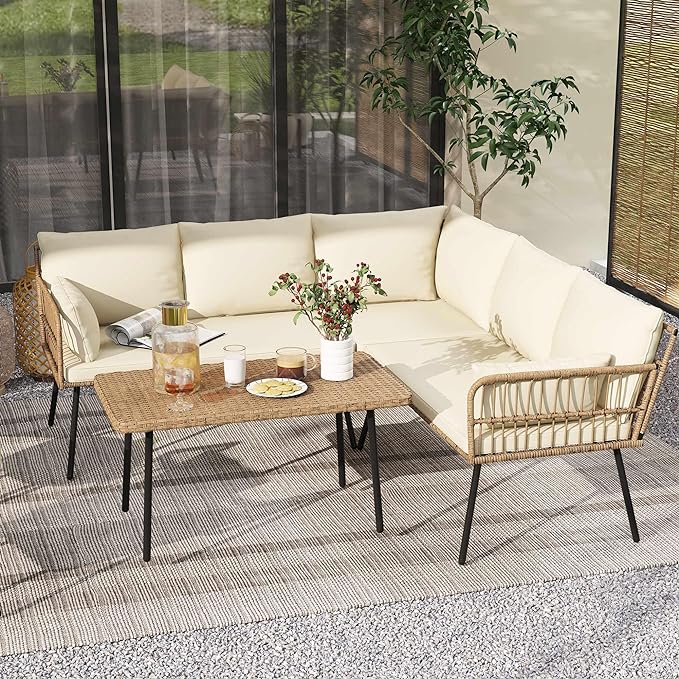 DWVO 4 Pieces Patio Furniture Set, Outdoor Rattan Woven Patio Conversation Set Sectional L-Shaped Sofa with 5 Seater for Backyard, Porch, Boho Detachable Lounger with Cushions and Side Table (Beige)