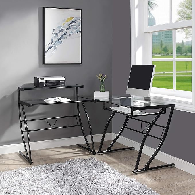 OSP Home Furnishings Constellation L Shaped Home Office Gaming Editing Desk, Black