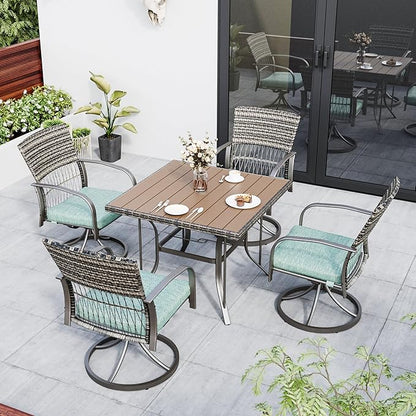 Pamapic 5 Piece Patio Dining Set for 4,Wicker Outdoor Furniture Set for Backyard Garden Deck Poolside with Square Plastic-Wood Table Top,4 Cushions Swivel Rocker Chairs,Removable Cushions(Green)