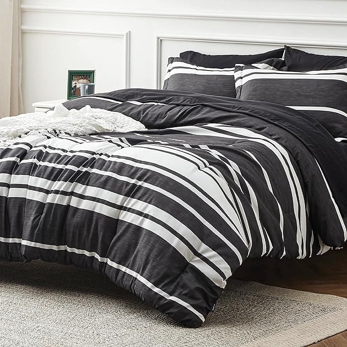 Bedsure Bed in a Bag Queen 7 Pieces, Black White Striped Bedding Comforter Sets All Season Bed Set, 2 Pillow Shams, Flat Sheet, Fitted Sheet and 2 Pillowcases