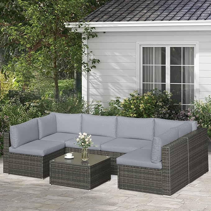 SUNVIVI OUTDOOR 7 Piece Patio Furniture Sets All Weather Gery PE Wicker Couch Sofa with Glass Table, Removable Grey Cushions